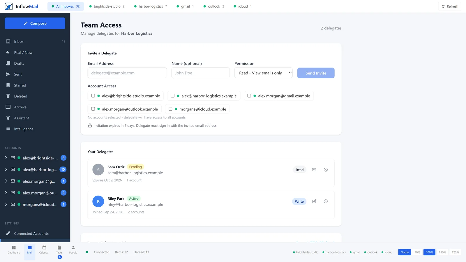 Team Access screen: invite a helper by email, pick Read or Write, and tick which mailboxes they can use. Two helpers are listed: Sam Ortiz, pending, read; Riley Park, active, write on two mailboxes.